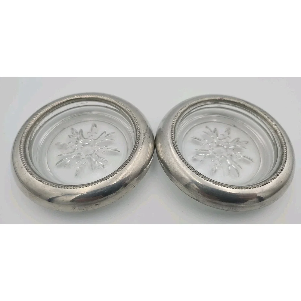Vintage Empire Pewter Silver Glass Coaster Ashtray Set Stackable Art Deco 2pc